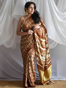 Sundarii - Brown Choco La Shibori Modal Silk Saree with Unstitched Blouse