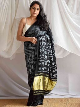 Sundarii - Black Swan Shibori Modal Silk Saree with Unstitched Blouse