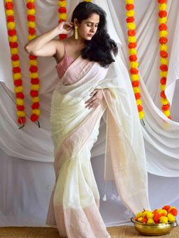 Sundarii - Off White Urvashi Mul Tissue Saree with Unstitched Blouse