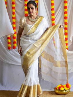 Sundarii - White Paakhi Linen Tissue Saree with Unstitched Blouse