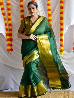 Sundarii - Green Pehle Nasha Linen Zari Saree with Unstitched Blouse