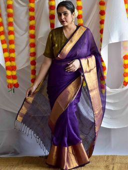 Sundarii - Purple Royalty Eve Linen Zari Saree with Unstitched Blouse