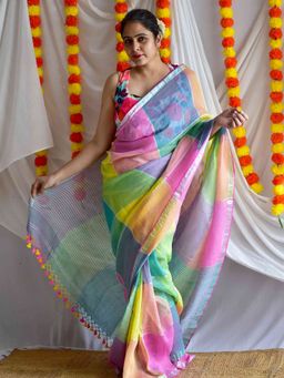 Sundarii - Multi-Colour Rangers Linen Zari Saree with Unstitched Blouse