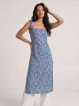NISHORAMA - Women's Blue Paisley Printed Pure Cotton Long Kurta