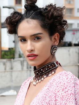 Odette - Stunning Maroon Beaded Choker Necklace Set For Women