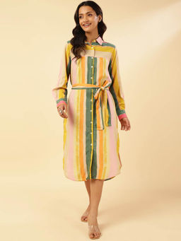 Fabindia - Fabnu Multi Viscose Printed Dress with Belt (Set of 2)