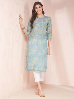 Fabindia - Light Blue Rayon Blend Hand Block Printed Kurta