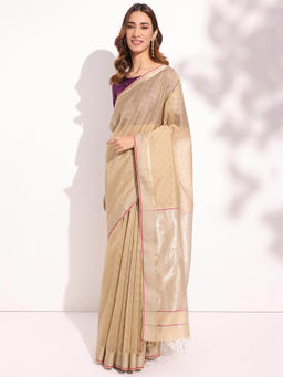 Fabindia - Beige Cotton Silk Blend Hand Block Printed Saree without Blouse