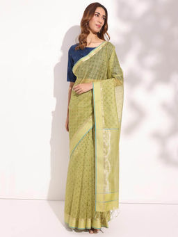 Fabindia - Green Cotton Silk Blend Hand Block Printed Saree without Blouse