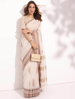 Fabindia - Natural Cotton Silk Blend Hand Block Printed Saree without Blouse