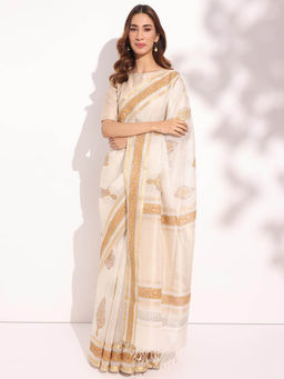 Fabindia - Natural Cotton Silk Blend Hand Block Printed Saree without Blouse