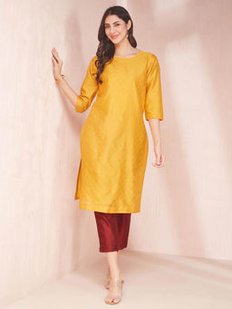 Fabindia - Yellow Cotton Silk Embroidered Kurta