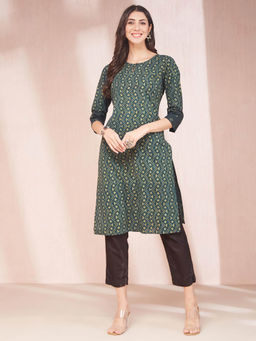 Fabindia - Green Cotton Dabu Printed Long Kurta