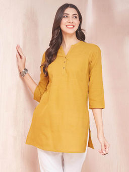 Fabindia - Mustard Cotton Thigh Length Slim Fit Kurta