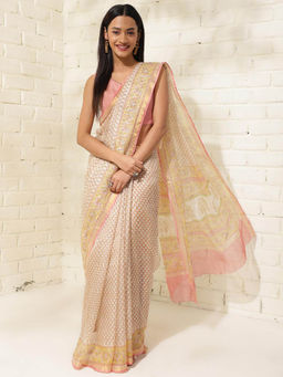 Fabindia - Beige Silk Hand Block Printed Saree without Blouse