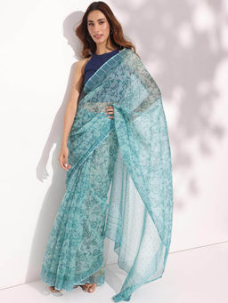 Fabindia - Light Blue Cotton Silk Hand Block Printed Saree without Blouse