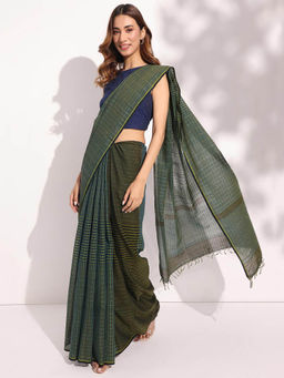 Fabindia - Green Cotton Printed Saree without Blouse