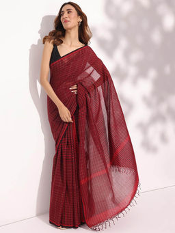 Fabindia - Maroon Cotton Printed Saree without Blouse