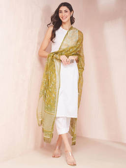 Fabindia - Green Cotton Silk Hand Block Printed Dupatta