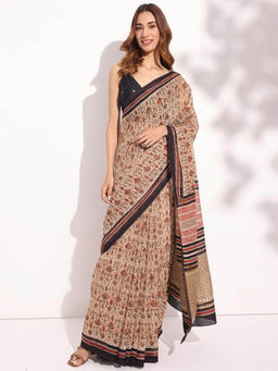 Fabindia - Beige Cotton Blend Bagru Printed Saree without Blouse
