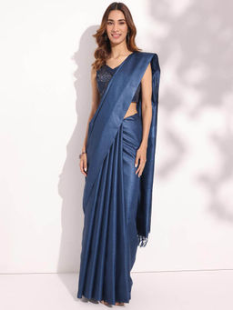 Fabindia - Navy Silk Woven Saree without Blouse