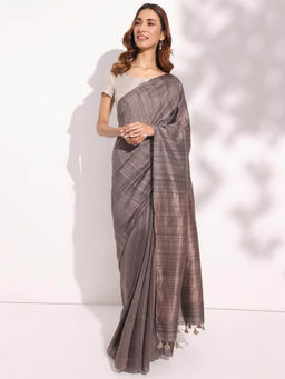 Fabindia - Grey Silk Blend Woven Saree without Blouse