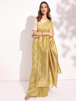 Fabindia - Beige Silk Blend Woven Saree without Blouse
