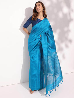 Fabindia - Teal Silk Blend Woven Saree without Blouse