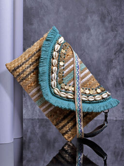Anekaant - Sisal Baked Turquoise Blue Striped & Embellished Jute Sling Bag