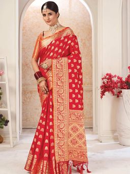 Odette - Womens Red Silk Blend Printed Saree with Unstitched Blouse