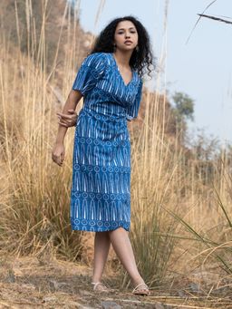 Akiso - Blue Block Printed Wrap Dress With Complimenting Waist Tie Up