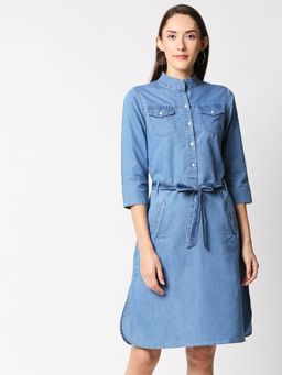 High Star - Women Blue Solid Denim Shirt Dress (Set of 2)