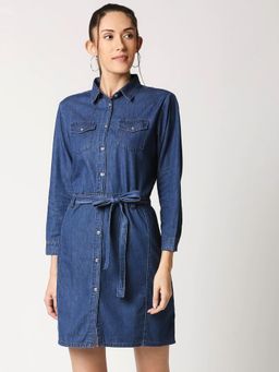 High Star - Women Navy Blue Solid Denim Shirt Dress With Belt (Set of 2)