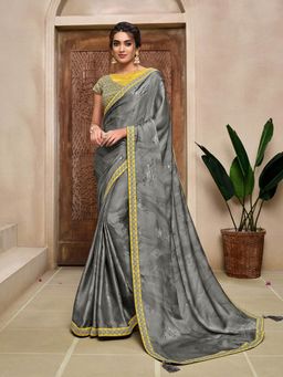 Odette - Grey Satin Silk Designer Saree with Unstitched Blouse