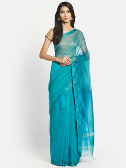 Fabindia - Turquoise Cotton Silk Maheshwari Woven Saree without Blouse