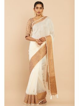 Soch - Women Beige Chanderi Solid & Plain Saree with Unstitched Blouse