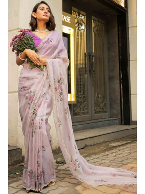 White Designer Soft Tebi Silk Printed Saree and Val Moti Border Blouse