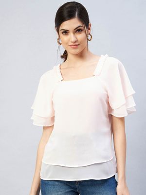 Casual Square Collar Pink Top
