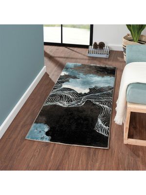 OBSESSIONS - Machine Made Polypropylene Abstract Bedside Runner, Blue & Black