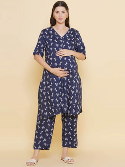 Mine4Nine - Women Navy Blue Printed Pattern Maternity & Nursing Kurta with Pyjama (Set of 2)