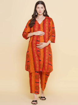 Mine4Nine - Women Orange Shirt Collar Maternity & Nursing Kurta with Pyjama (Set of 2)