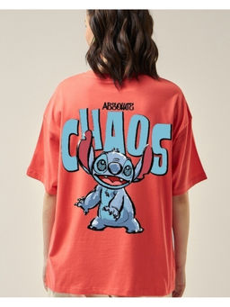 Bewakoof - Official Disney Women's Coral Pink Absolute Chaos Graphic Printed Oversized T-shirt