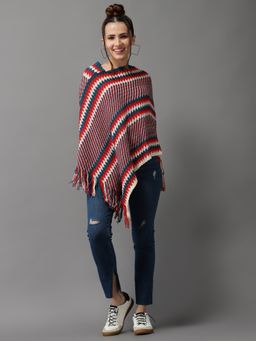 SHOWOFFFF - Womens Sleeveless Longline Red Self Design Poncho