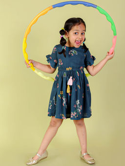 Lil Drama - Stylish Printed Cotton Casual Dress Teal Blue