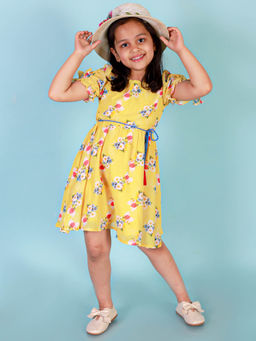 Lil Drama - Stylish Girls Printed Georgette Dress Yellow