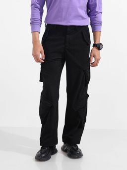 The Indian Garage Co - Men Baggy Fit Textured Mid-Rise Black Cargo