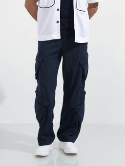 The Indian Garage Co - Men Baggy Fit Textured Mid-Rise Blue Cargo