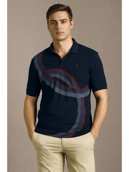 Louis Philippe - Men Navy Blue Patterned Polo T-shirt