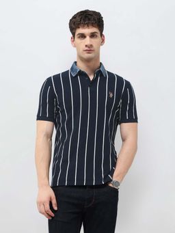 U.S. Polo Assn. Denim Co. - Men's Vertical Striped Monochrome Navy Blue Polo T-shirt