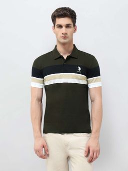 U.S. POLO ASSN. - Men's Colourblocked Slim Fit Olive Polo T-shirt